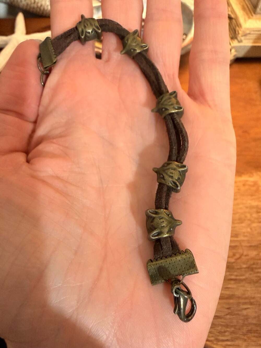 Brown Suede Leather Fox Bronze Tone Wolf Head Cord Bracelet